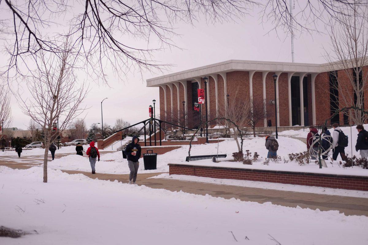 Students walk past the Library on Grand View University in Des Moines, Iowa on February 13th, 2025.
