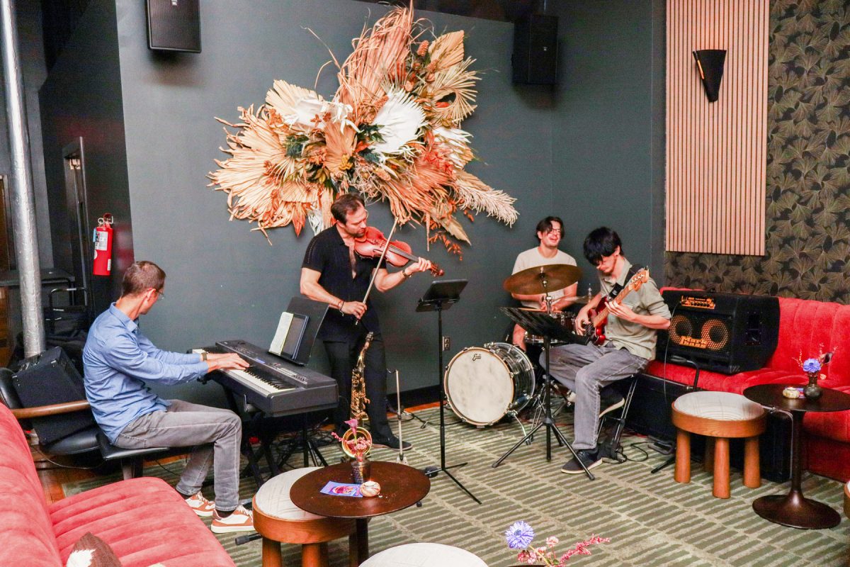Nick Rueckert (keyboard), Robert Espe (violin), Zane Gedler (drums), and Michael Gedden (bass guitar) play jazz in the back of The Contrary in Des Moines, Iowa on Sunday, September 21, 2025.