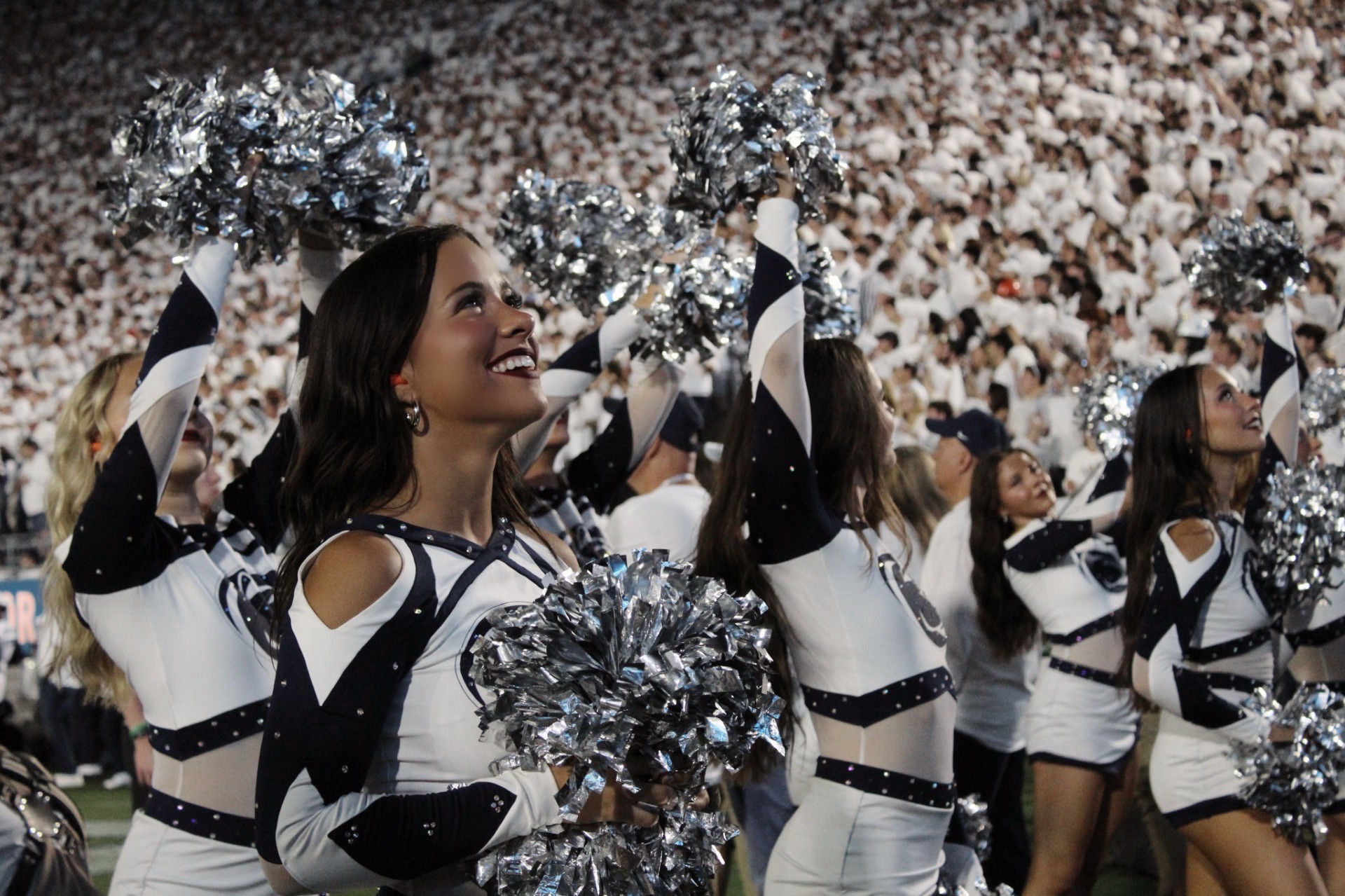 Penn State Lionettes dancer Nikki Romano dances on the sideline at Beaver Stadium in Centre County, Pennsylvania September 27, 2025.
