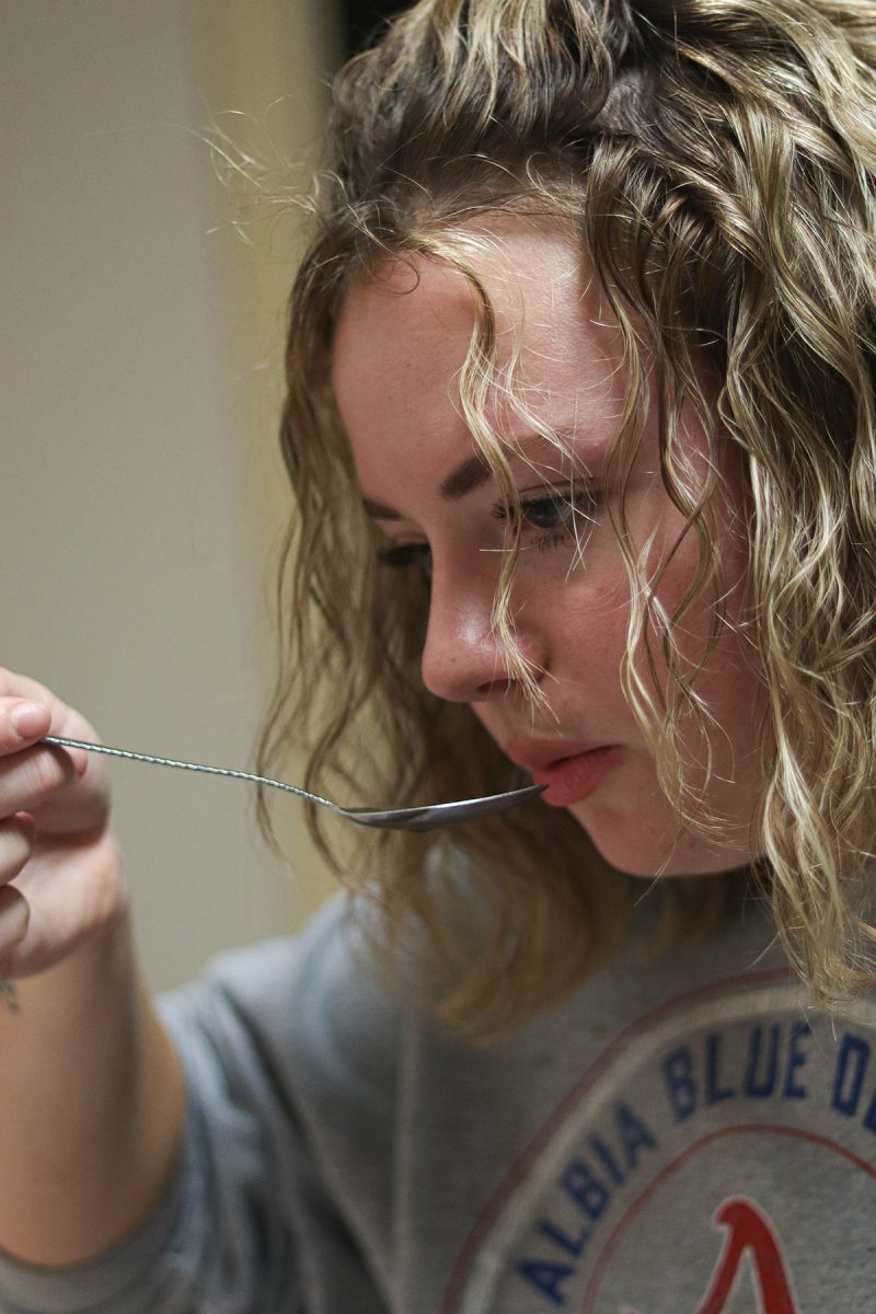 Ella Hutchinson tastes the tea in her apartment, at Grand View University, in Des Moines, Iowa, on Friday, November 7, 2025

Ginevra Spinelli