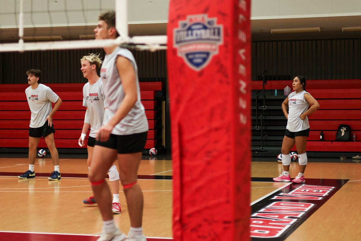 Stoyota Nguyen waits to hop back in volleyball practice while her teammates play at the Grand View University Johnson Wellness Center in Des Moines, Iowa on Thursday, October 30 2025.