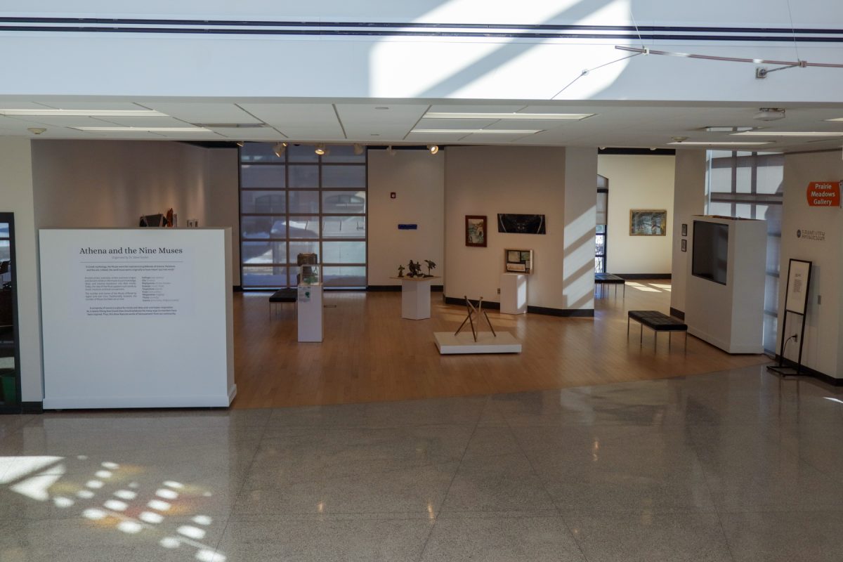 Various pieces of artwork stand in the art gallery at Grand View University in Des Moines, Iowa on Monday, February 23, 2026.

Kylie Arai