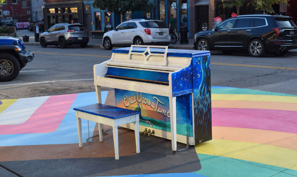 Piano sits outside Raygun store in Des Moines, IA.